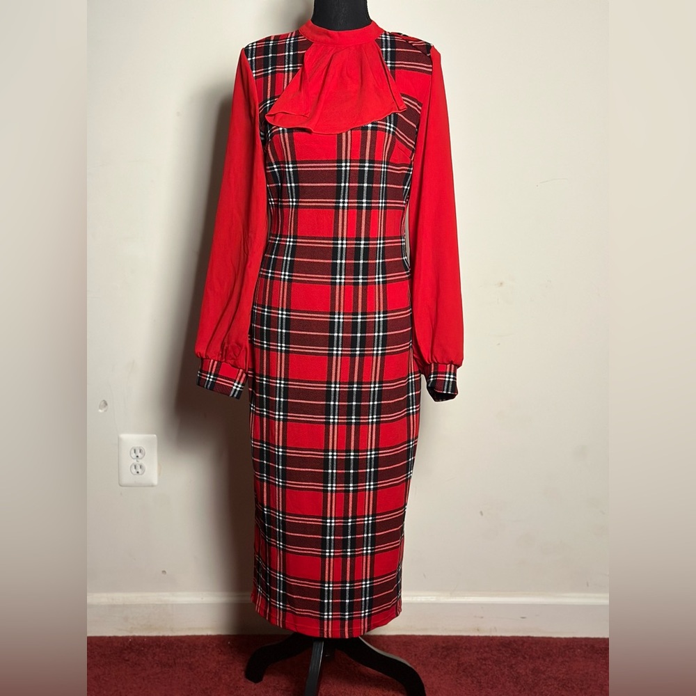 Plaid Print Ruffle Front Lantern Sleeve Bodycon Dress